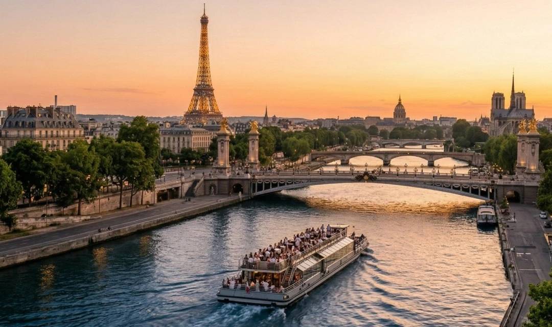 パリの夕暮れにエッフェル塔が照らされる中、セーヌ川を巡る観光と美食のクルーズ。