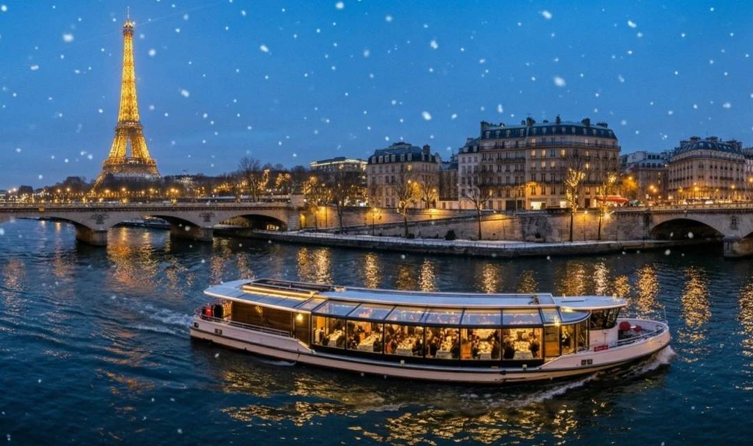Beleuchtetes Dinner-Kreuzfahrtschiff auf der Seine in Paris bei Dämmerung, unter leichten Schneeflocken, mit dem funkelnden Eiffelturm und weihnachtlich geschmückten Ufern im Hintergrund.