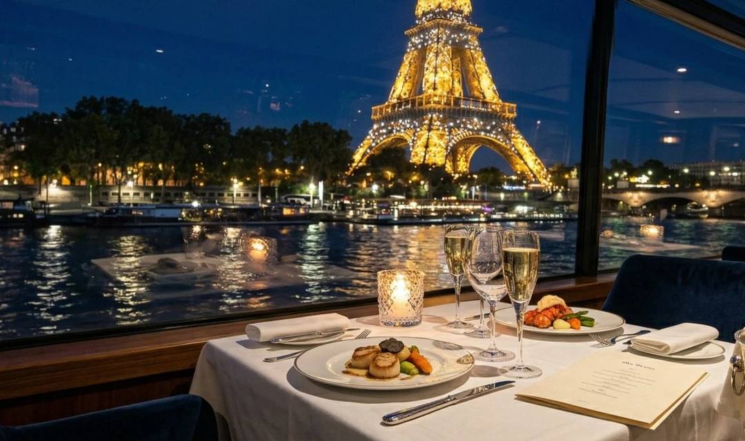 Gedeckter Tisch für zwei mit Champagner in einem luxuriösen Kreuzfahrtschiff auf der Seine, mit nächtlichem Panoramablick auf den beleuchteten Eiffelturm.