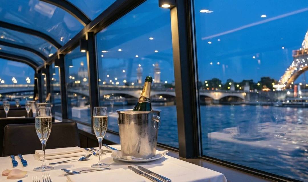 Eleganter Tisch mit Gläsern und Champagnerflasche an Bord eines verglasten Bootes bei einem romantischen Dinner-Kreuzfahrt auf der Seine, mit Blick auf den funkelnden Eiffelturm bei Nacht.