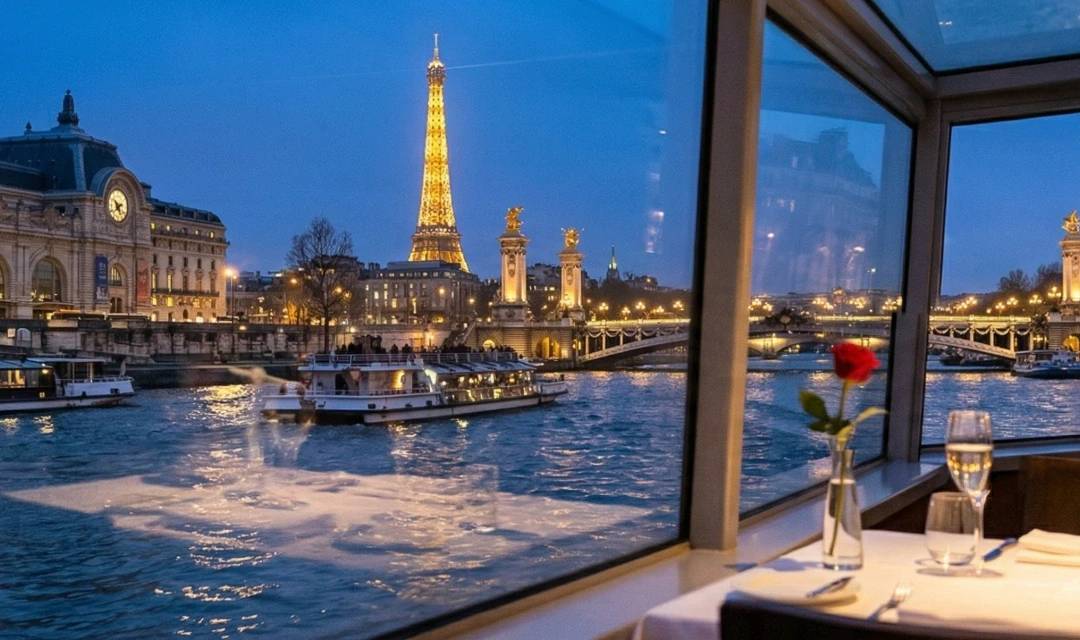 Table romantique avec champagne en baie vitrée lors d'un dîner croisière sur la Seine, offrant une vue panoramique sur la Tour Eiffel illuminée, le Musée d'Orsay et le Pont Alexandre III.