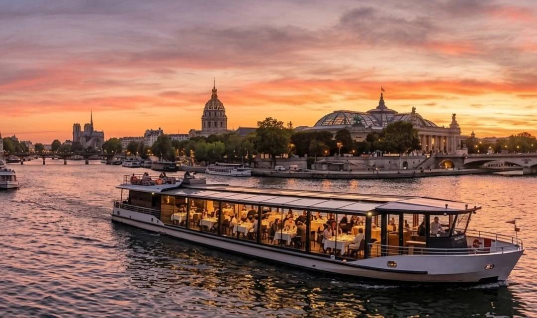 Panoramisch uitzicht op een dinercruiseboot die over de Seine in Parijs vaart in de vroege avond, met de Eiffeltoren bij zonsondergang.
