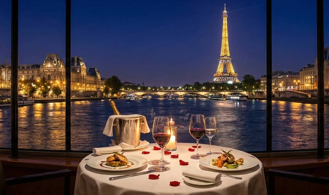 Panoramablick von einem romantischen Tisch mit Fensterplatz während einer Dinner-Kreuzfahrt auf der Seine in Paris, gegenüber dem beleuchteten Eiffelturm.