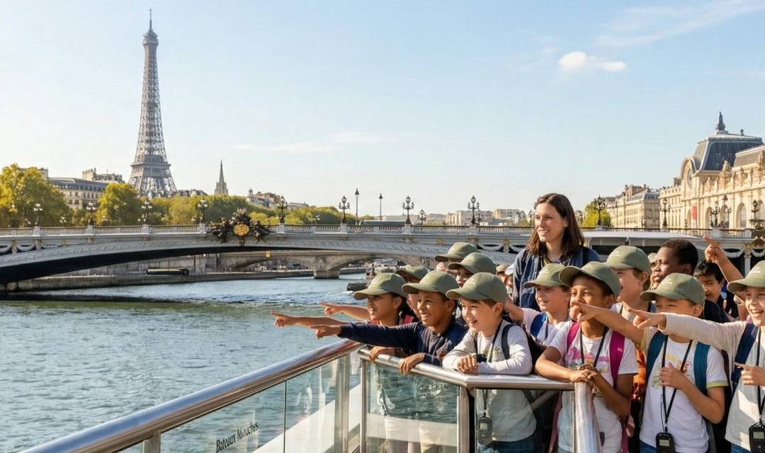 Schülergruppe auf Schulausflug und ihre Lehrerinnen bewundern den Eiffelturm und die Pont Alexandre III von einem Kreuzfahrtschiff auf der Seine in Paris.