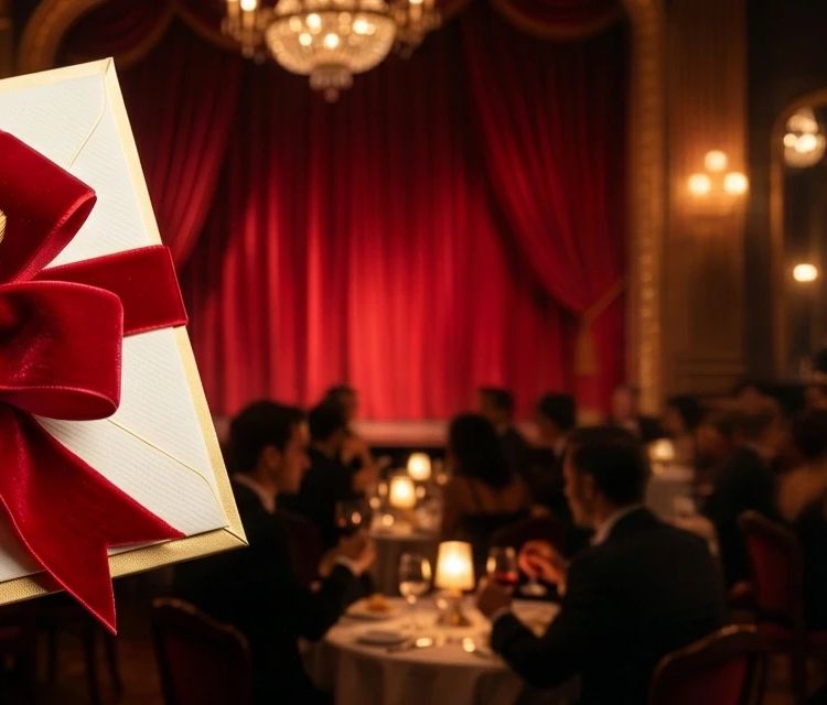 Gift card for a dinner show in a cabaret in Paris: elegant envelope with a red velvet bow in front of a lively theater and the Eiffel Tower.