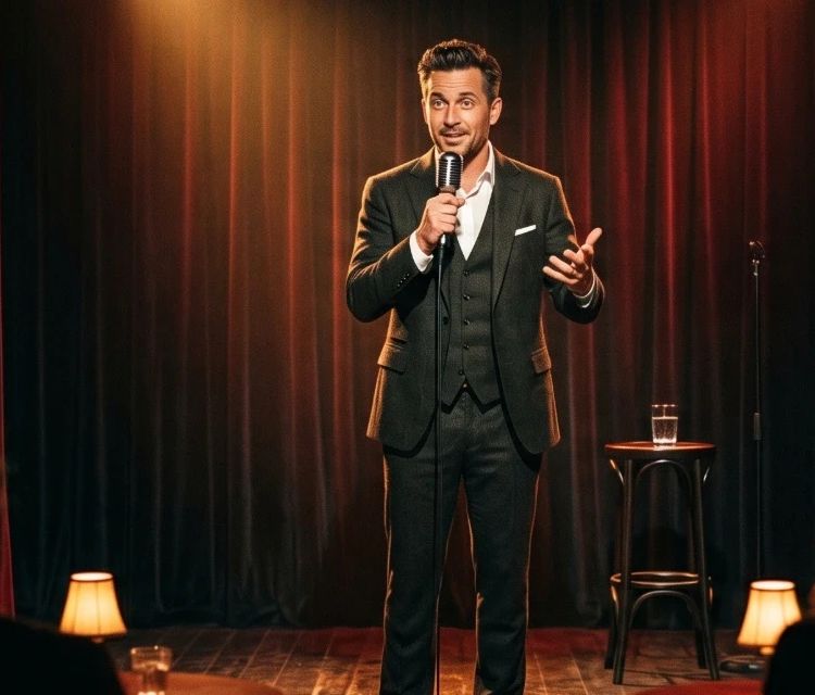 一位穿灰色西装的喜剧演员在一个亲密的歌舞表演舞台上进行单口喜剧,手持麦克风在温暖的聚光灯下,背景是红色幕布。前景模糊处,观众的轮廓坐在小桌旁,灯光柔和。