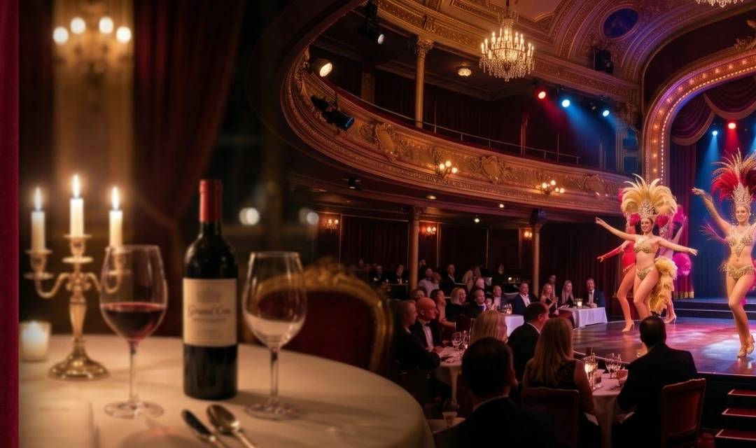 Atmosfera elegante di una cena spettacolo a Parigi: tavolo romantico con vino e candele in primo piano, davanti a una sontuosa rivista di cabaret con ballerine piumate sul palco.