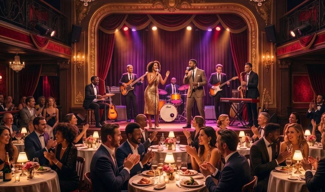パリのミュージカルキャバレーでのディナーショー、ライブオーケストラがステージで演奏し、観客がテーブルに座っている。