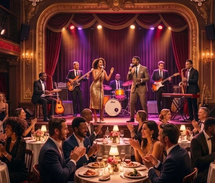 Cena-spettacolo in un cabaret musicale parigino con un'orchestra dal vivo sul palco di fronte al pubblico seduto.