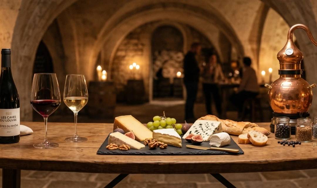 andeau web panoramique premium (3:1) pour une page de dégustations insolites à Paris, situé dans une cave voûtée en pierre du XVIIe siècle. Sur une table en chêne rustique, un arrangement épicurien : une bouteille de vin "Les Caves du Louvre" (CÔTES DU RHÔNE 2021), des verres remplis, un plateau de fromages artisanaux français sur ardoise (Brie, Comté, Roquefort), et un alambic en cuivre avec de la distillation de gin de "La Distillerie de l'Arbre Sec" (PARIS GIN). Ambiance chaleureuse, éclairée aux bougies, avec un groupe dégustant en arrière-plan flou.