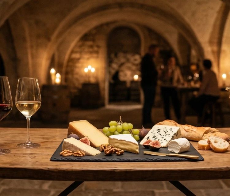 andeau web panoramique premium (3:1) pour une page de dégustations insolites à Paris, situé dans une cave voûtée en pierre du XVIIe siècle. Sur une table en chêne rustique, un arrangement épicurien : une bouteille de vin "Les Caves du Louvre" (CÔTES DU RHÔNE 2021), des verres remplis, un plateau de fromages artisanaux français sur ardoise (Brie, Comté, Roquefort), et un alambic en cuivre avec de la distillation de gin de "La Distillerie de l'Arbre Sec" (PARIS GIN). Ambiance chaleureuse, éclairée aux bougies, avec un groupe dégustant en arrière-plan flou.