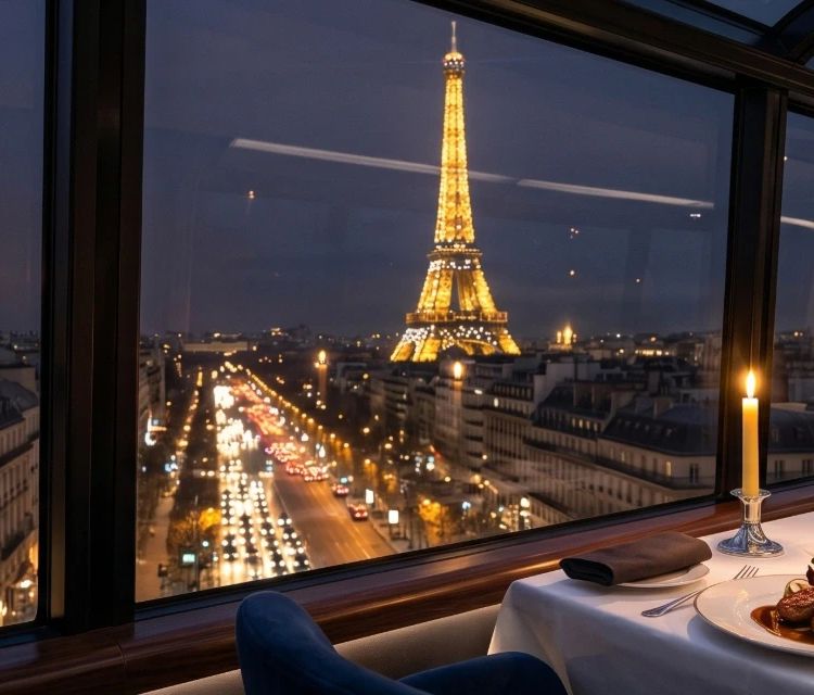 パリのユニークなディナー: エッフェル塔の夜景を望むグルメテーブル