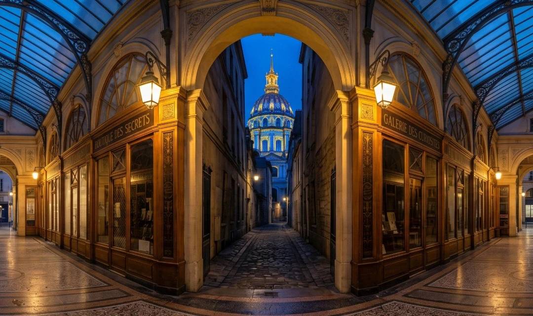 Visita inusitada em Paris: vista de uma passagem coberta secreta levando ao Dôme des Invalides iluminado ao anoitecer.