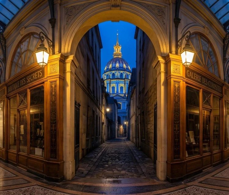 Visita insolita a Parigi: vista di un passaggio coperto segreto che conduce verso la Cupola degli Invalides illuminata al calar della notte.