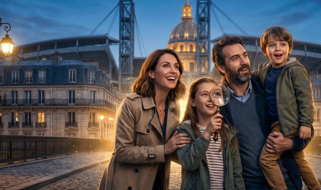 Famille heureuse de quatre personnes explorant Paris à l'heure bleue sur un pont pavé, regardant vers le dôme des Invalides et la structure du Stade de France à l'arrière-plan.