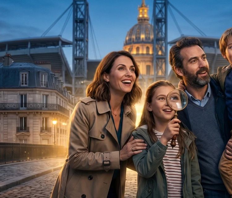Famille heureuse de quatre personnes explorant Paris à l'heure bleue sur un pont pavé, regardant vers le dôme des Invalides et la structure du Stade de France à l'arrière-plan.