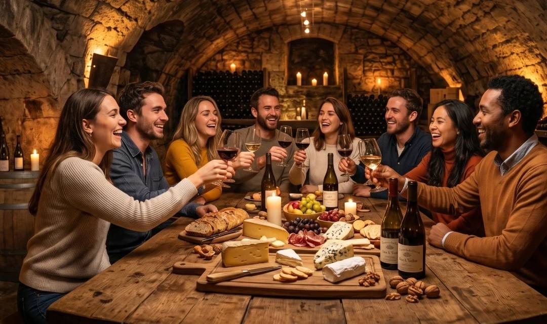 Groupe d'amis riant et trinquant lors d'une dégustation de vins et fromages dans une authentique cave voûtée à Paris. Une activité insolite idéale en groupe." (Pourquoi c'est bien : Décrit l'action réelle et visuelle tout en plaçant naturellement les termes "dégustation de vins", "cave voûtée à Paris" et "activité insolite en groupe