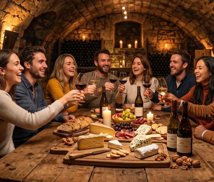 Groupe d'amis riant et trinquant lors d'une dégustation de vins et fromages dans une authentique cave voûtée à Paris. Une activité insolite idéale en groupe." (Pourquoi c'est bien : Décrit l'action réelle et visuelle tout en plaçant naturellement les termes "dégustation de vins", "cave voûtée à Paris" et "activité insolite en groupe