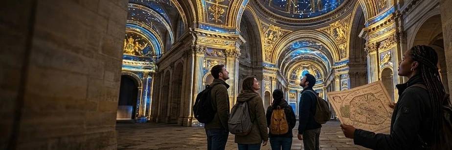 Groupe d'amis de trois-quarts dos émerveillés par un spectacle immersif de vidéo mapping dans un monument historique parisien, l'un tenant une vieille carte d'enquête.