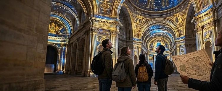 Groupe d'amis de trois-quarts dos émerveillés par un spectacle immersif de vidéo mapping dans un monument historique parisien, l'un tenant une vieille carte d'enquête.