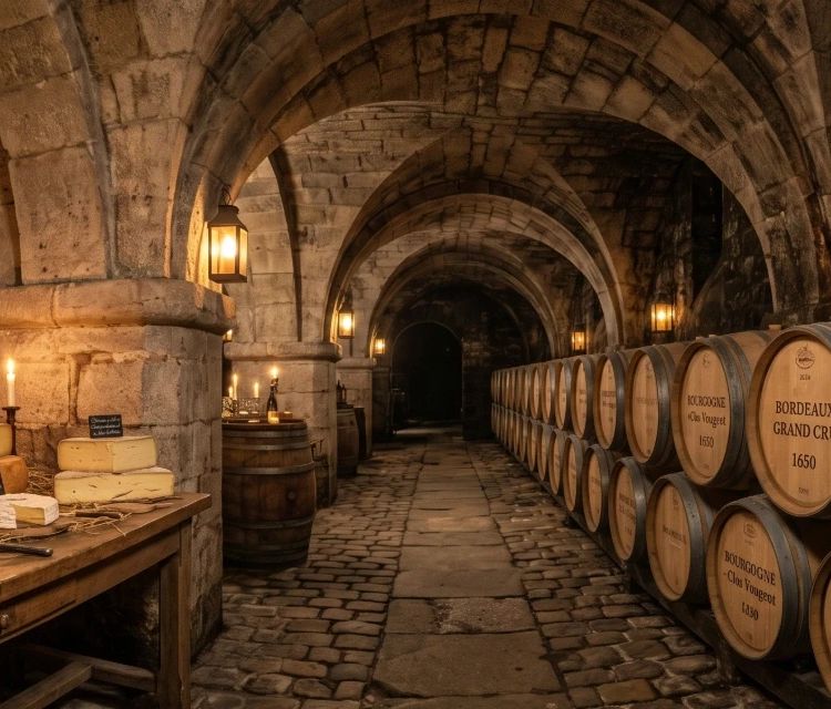 Cave voûtée du 17e siècle dans le Paris secret : table de dégustation de fromages artisanaux, tonneaux de vin et alambic en cuivre.