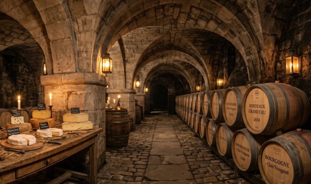 Cave voûtée du 17e siècle dans le Paris secret : table de dégustation de fromages artisanaux, tonneaux de vin et alambic en cuivre.