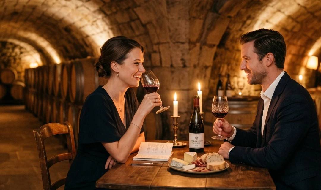 Un couple d'amoureux trinquant avec du vin rouge lors d'un dîner aux chandelles romantique et intimiste dans une cave voûtée historique à Paris (Caves du Louvre). Une expérience insolite pour couples avec dégustation de fromages.