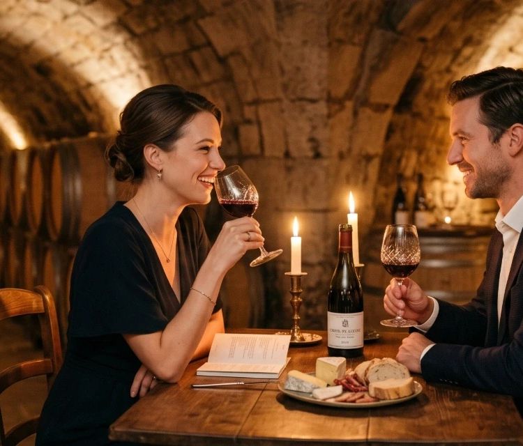 Un couple d'amoureux trinquant avec du vin rouge lors d'un dîner aux chandelles romantique et intimiste dans une cave voûtée historique à Paris (Caves du Louvre). Une expérience insolite pour couples avec dégustation de fromages.