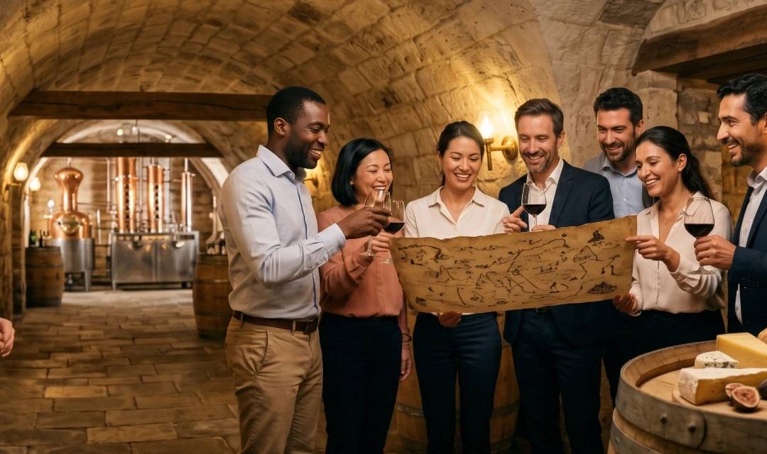Bannière de team building insolite à Paris : collaborateurs d'entreprise en dégustation de vin et quête avec carte ancienne dans une cave voûtée historique. Plateau d'apéritif fromages sur un fût, alambic de distillation en cuivre en arrière-plan. Ambiance collaborative de cohésion d'équipe.