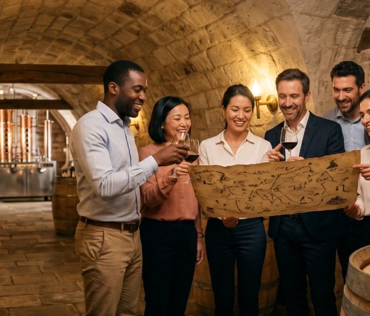 Bannière de team building insolite à Paris : collaborateurs d'entreprise en dégustation de vin et quête avec carte ancienne dans une cave voûtée historique. Plateau d'apéritif fromages sur un fût, alambic de distillation en cuivre en arrière-plan. Ambiance collaborative de cohésion d'équipe.