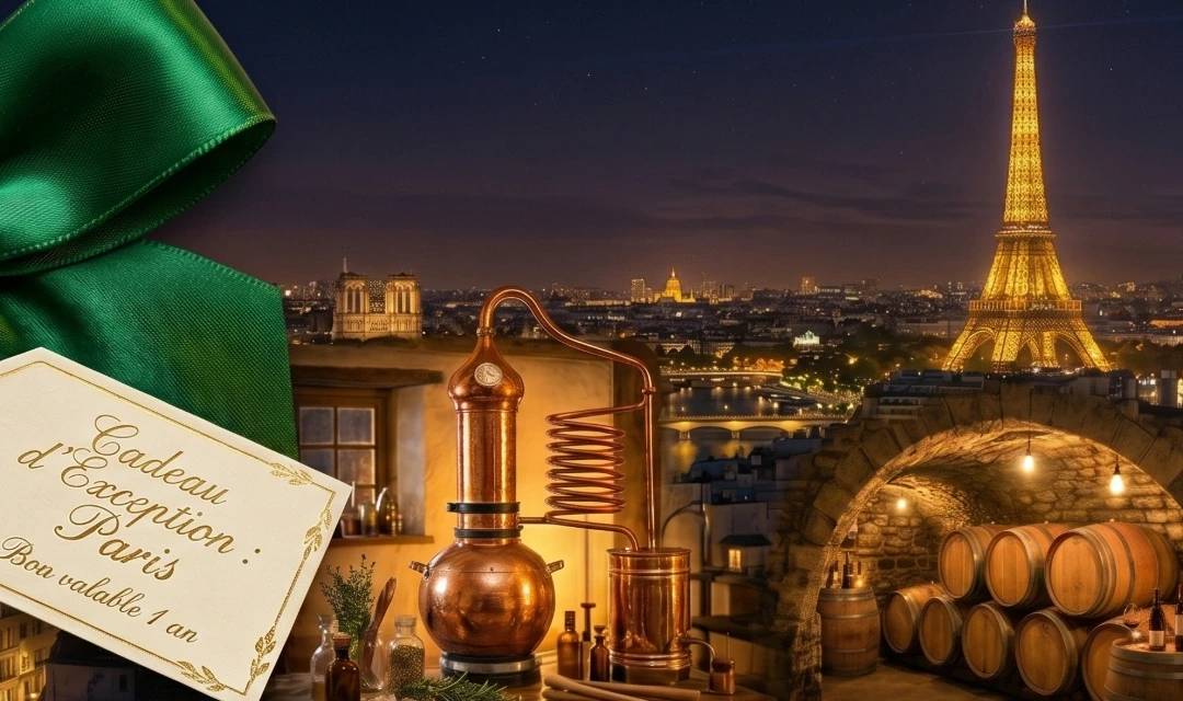 Idée cadeau insolite à Paris : bon cadeau d'exception devant la Tour Eiffel illuminée, une cave à vin et un alambic